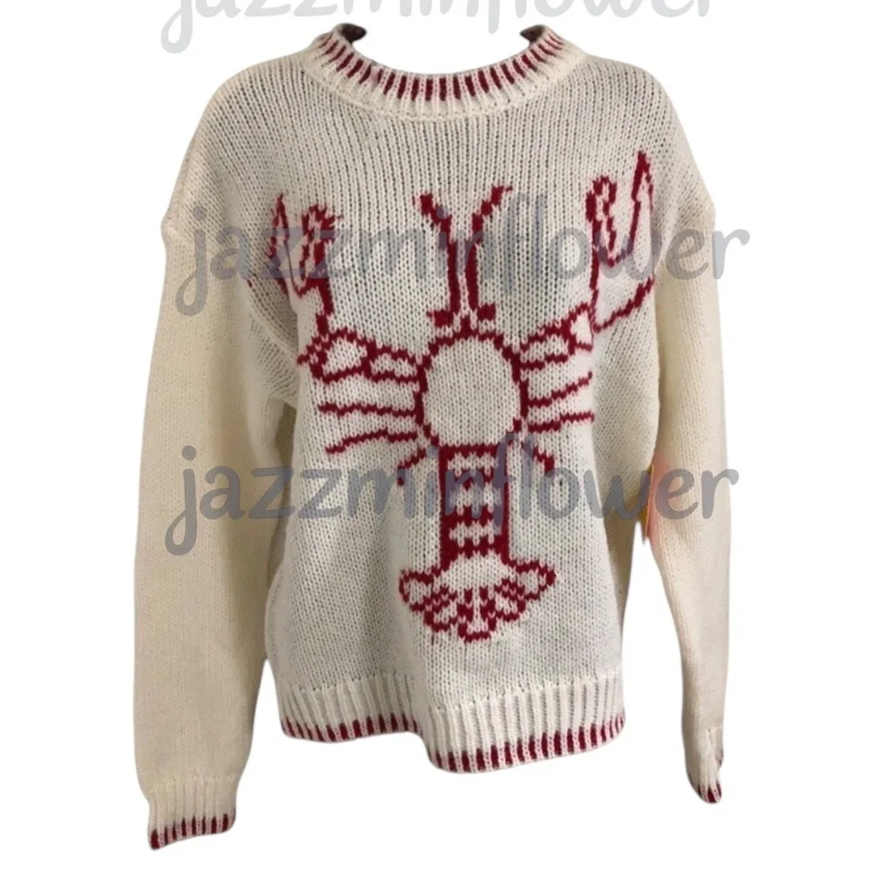 offwhite red whipstitch style lobster print crochet knit sweater size medium new